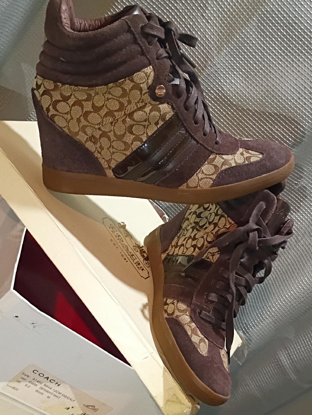 Coach Brown & Khaki Signature Wedge Sneakers
